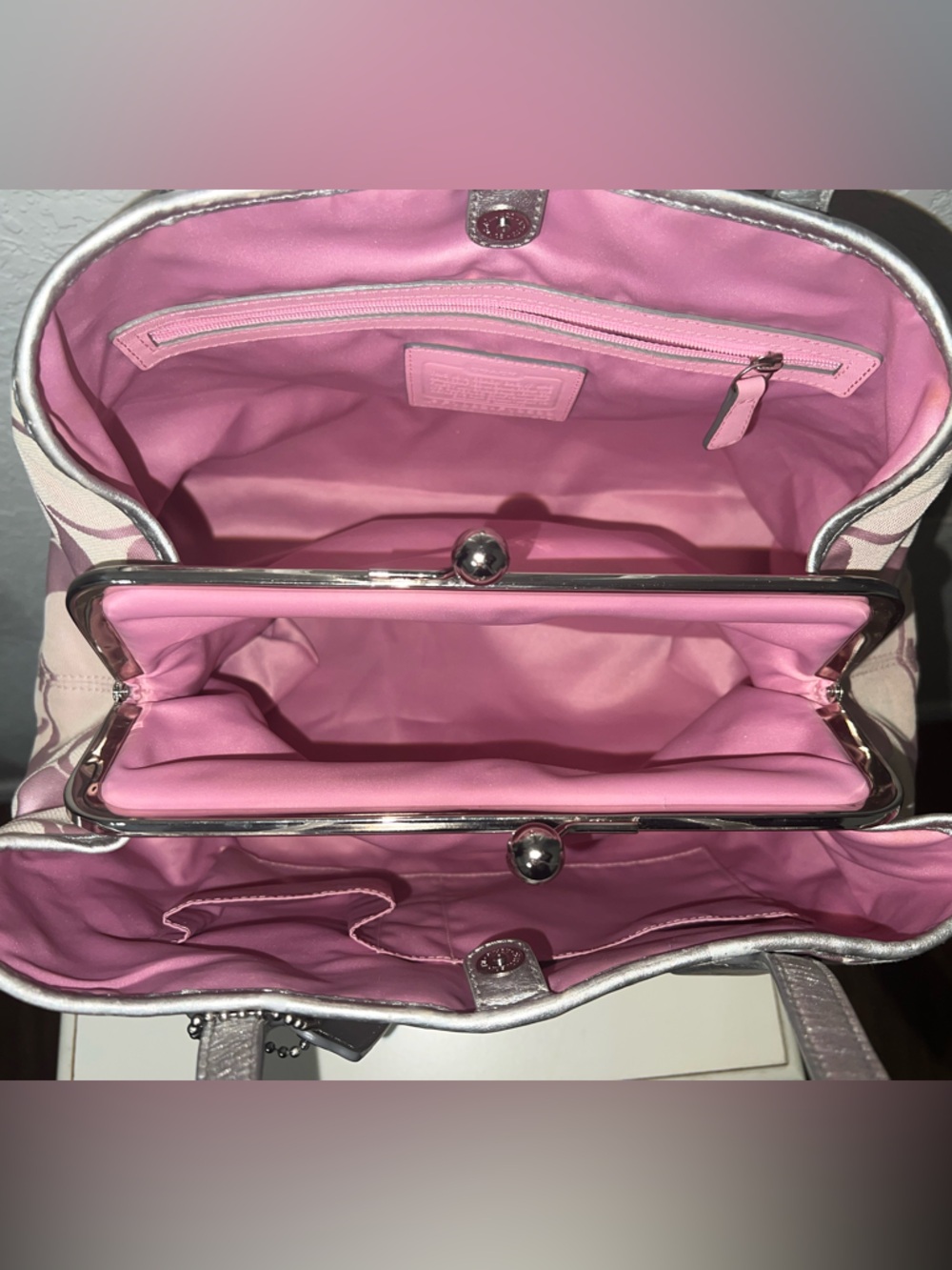 Coach Pink Signature Stripe Shoulder Handbag with Silver Trim - Picture 3 of 10